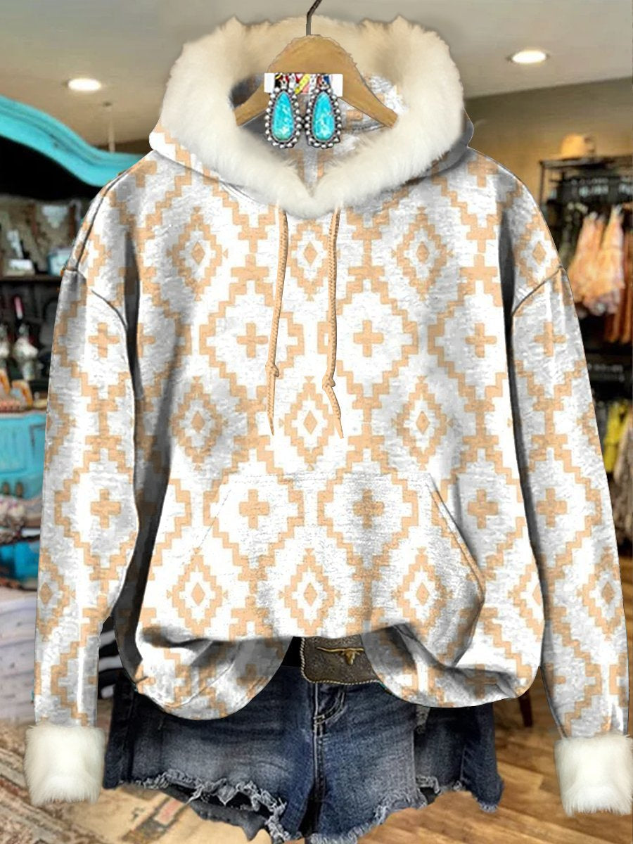 Orange Vintage Aztec Print Imitation Rabbit Fur Trim Casual Hoodie Sweatshirt