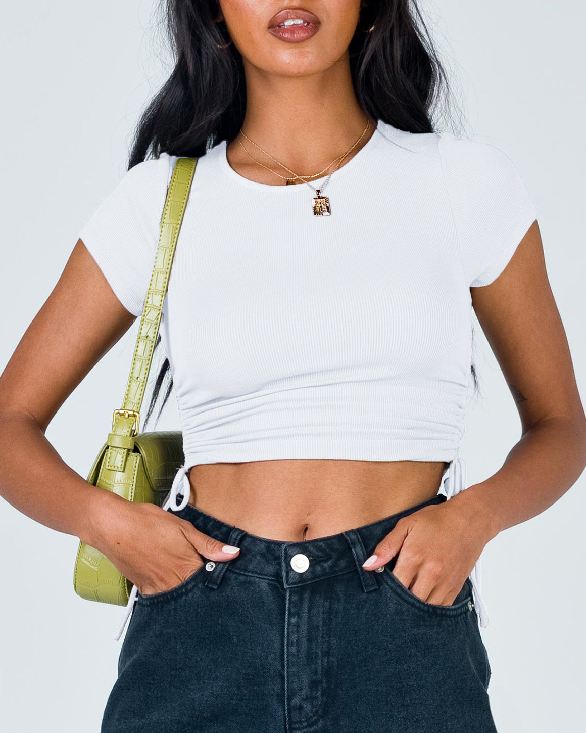 Midriff-Baring Drawstring Crew Neck T-Shirt Top