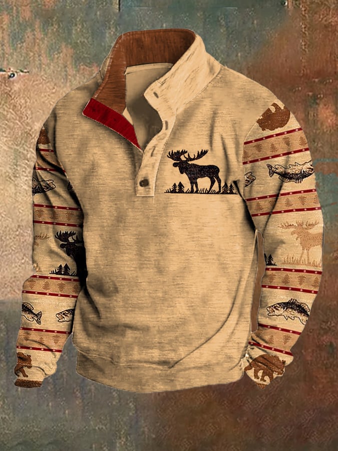 Men's Fleece Vintage Hunting Deer Stand Collar Sweatshirt