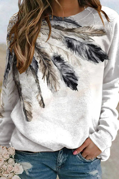 Feather Print Casual Long Sleeve Sweatshirt