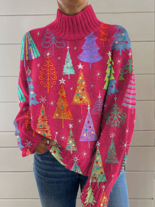 Pink Christmas Tree Art Print Knit Turtleneck Pullover Sweater