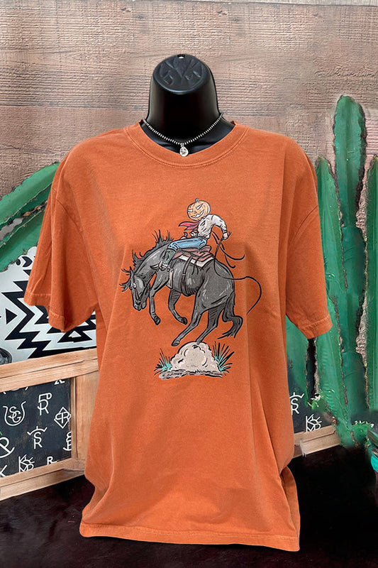 Pumpkin Head Halloween Western Print T-Shirt