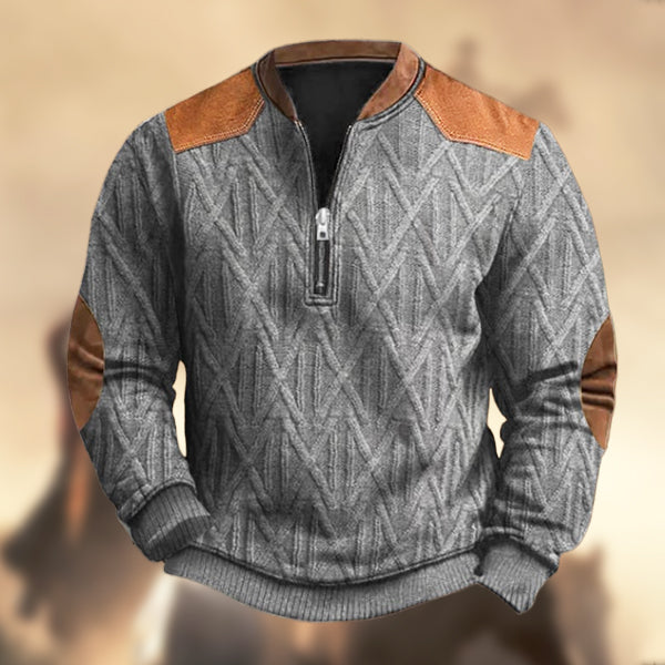 Men's Vintage Western Knit Print Zipper Stand Collar Casual Sweatshirt