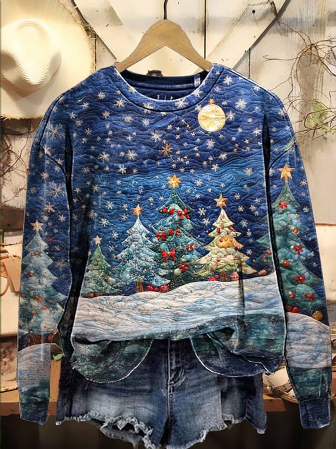 Women's Christmas Bow Christmas tree Moon Night Print Sweatshirt