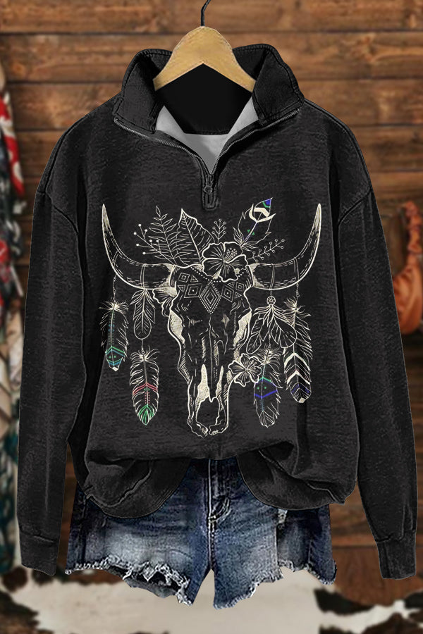 Retro Western Cowboy Longhorn Print Sweatshirt