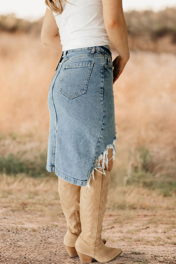 Retro Washed Ripped Denim Skirt