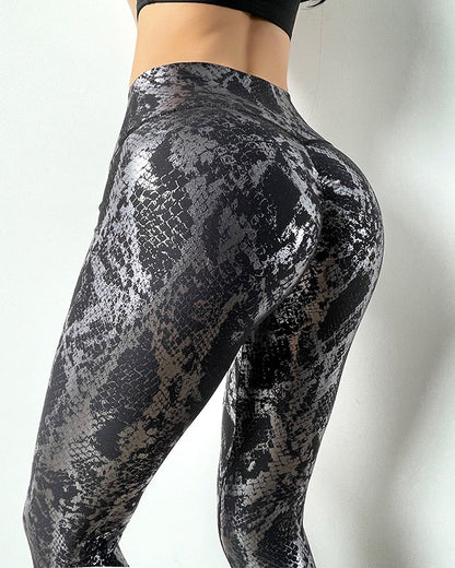 High Elastic Bronzing Snakeskin Pattern Peach Hip High Waist Hip Lifting Quick Drying Tight Elastic Yoga Pants