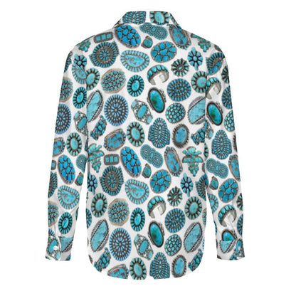 Turquoise Crazy Long Sleeve Button Up Blouse