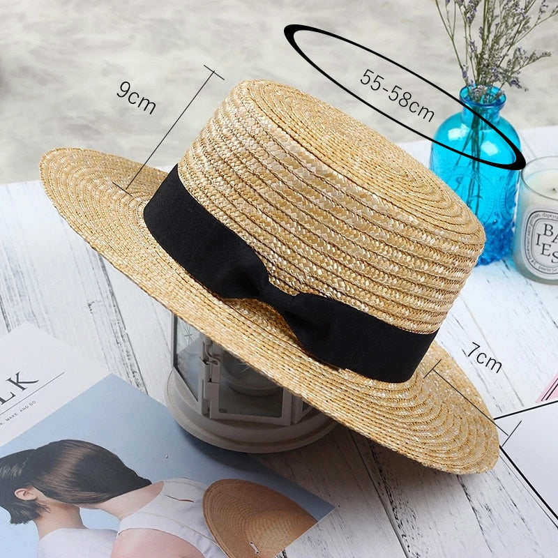 New Summer Women's Boater Beach Hat Wide side Female Casual Panama Hat Lady Classic Flat Bowknot Straw Sun Hat Women Fedora