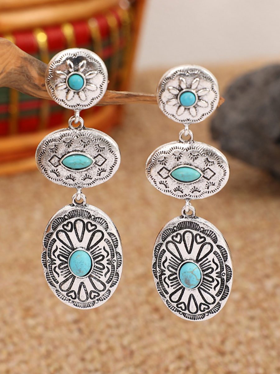 Western Cowboy Retro Turquoise Ethnic Exaggerated Alloy Earrings-0520