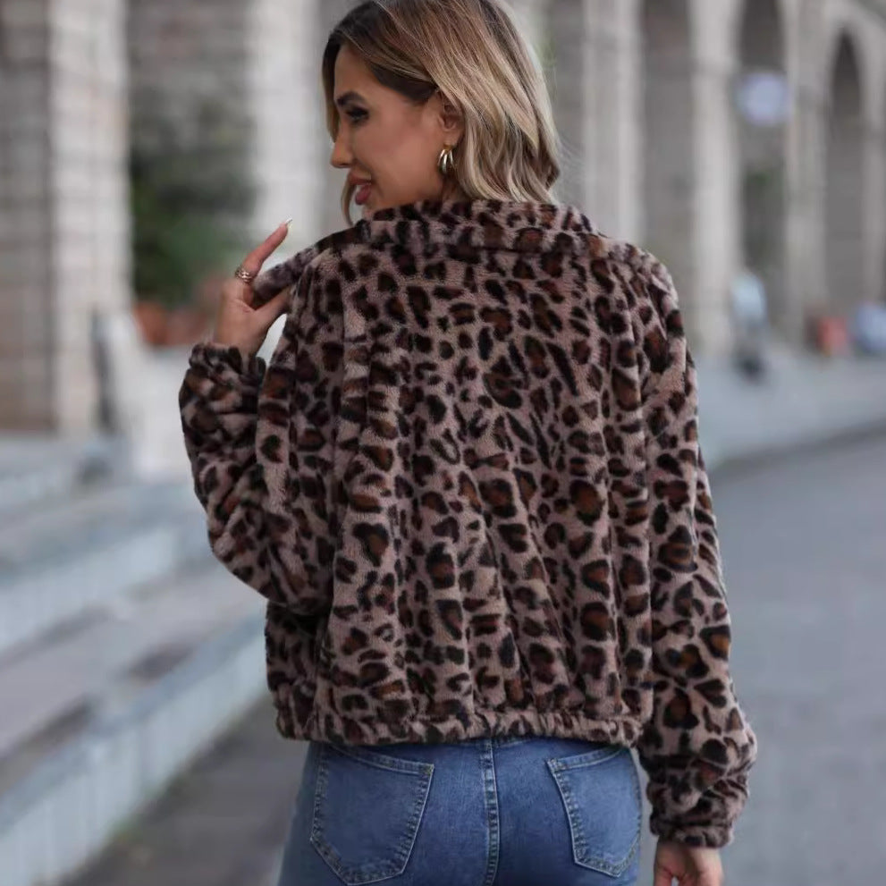 Women's Loose Zipper Long Sleeve Leopard Print Plush Jacket