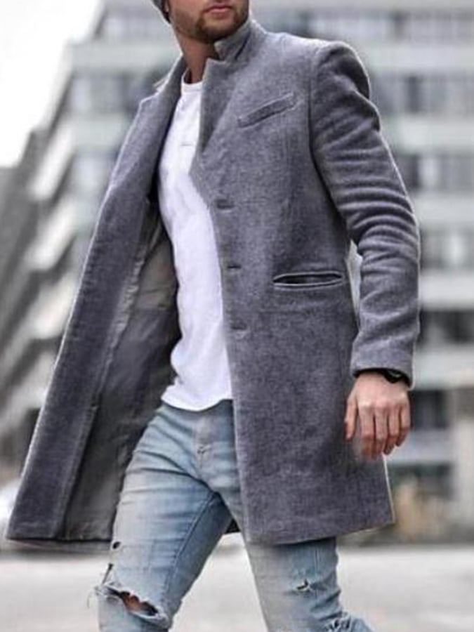 Men'S Commuting Button Lapel Mid-Length Woolen Coat