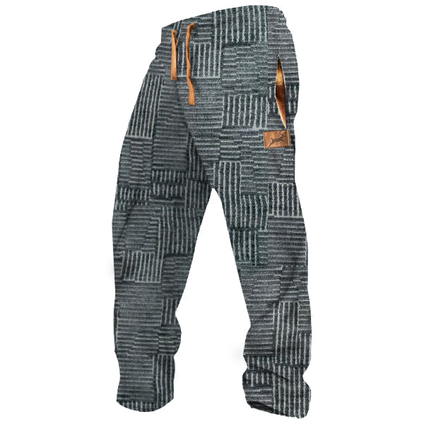 Men's Blue Gray Plaid Retro Country Elk Herringbone Casual Sweatpants