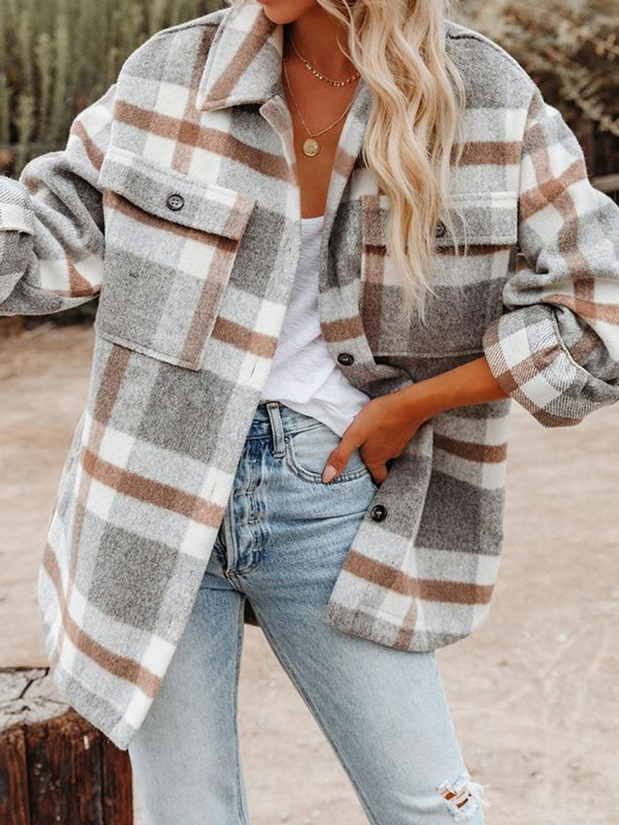 Vintage Plaid Print Woolen Coat Jacket