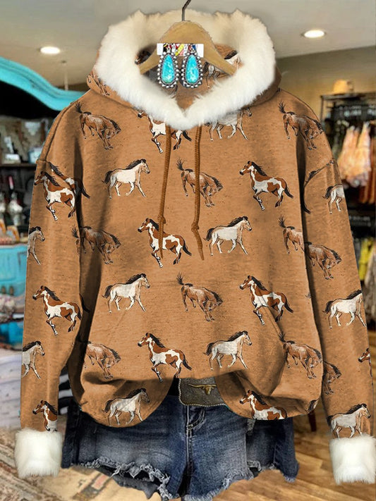 Brown Vintage Western Horse Print Imitation Rabbit Fur Trim Casual Hoodie Sweatshirt