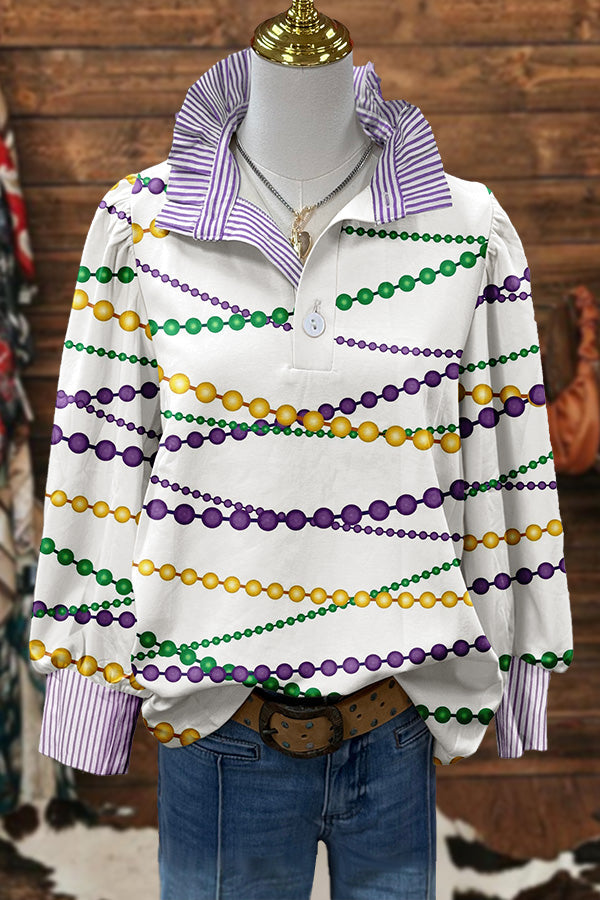 Mardi Gras Colorful Chain Striped Ruffle Blouse