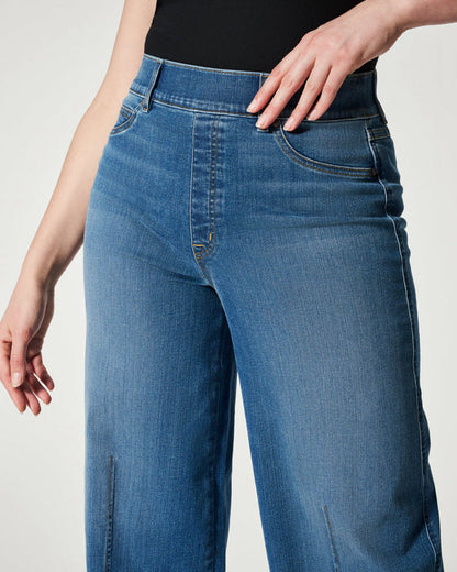 Wide-Leg High Stretch Elastic Waist Washed Jeans