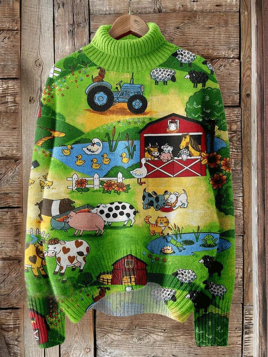 Green Farm Print Knit Turtleneck Pullover Sweater