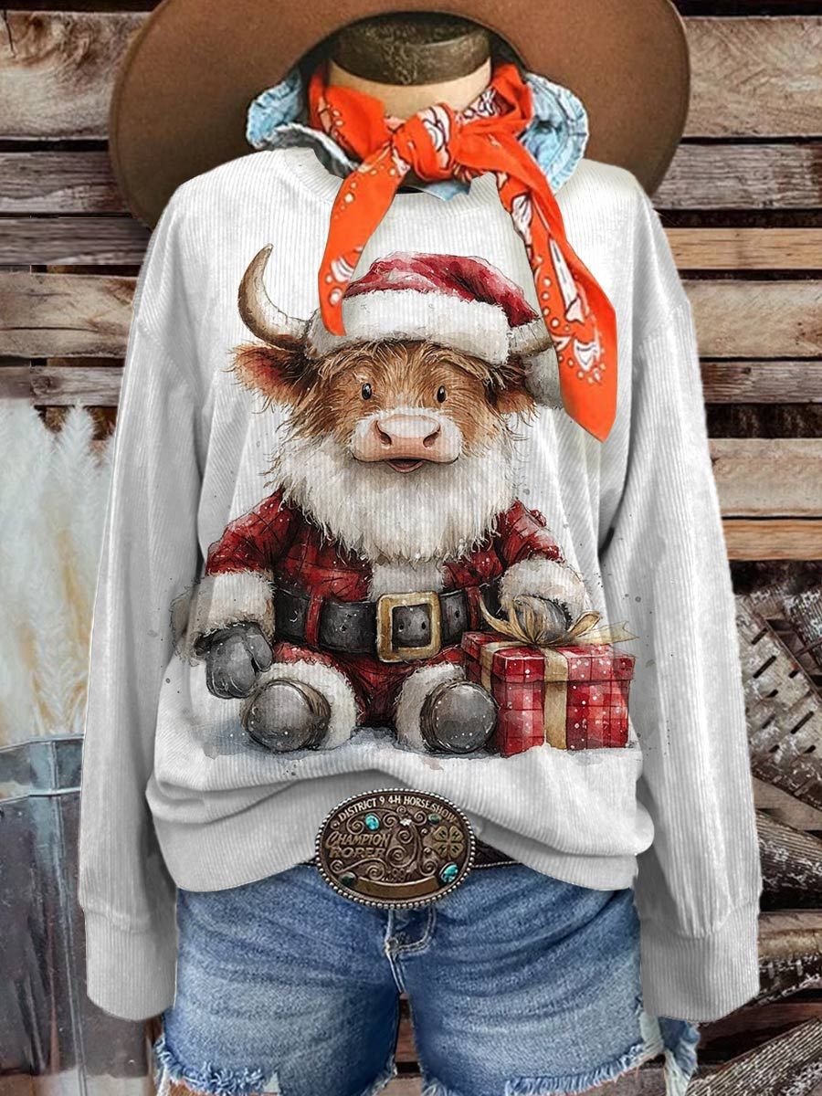 Women's Christmas Highland Cow Casual Print Corduroy Sweatshirt