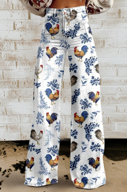 Chickens Flowers Print Wide Leg Pants