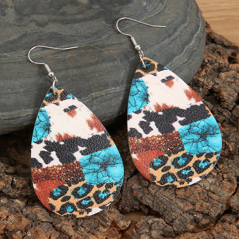 Vintage Western Leopard Leather Drop Earrings