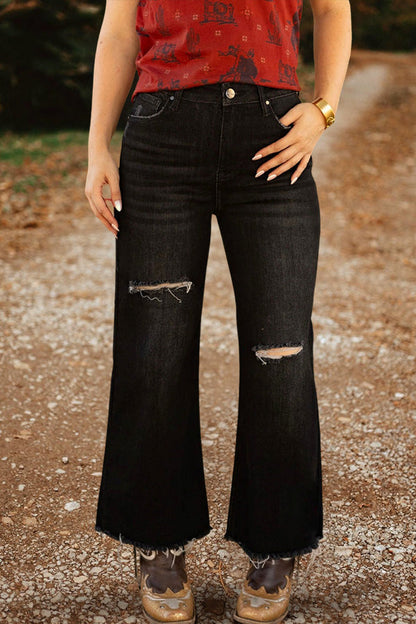 Washed Distressed High Waisted Flared Jeans