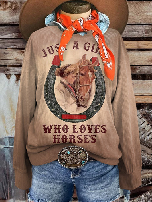 Women's Just A Girl Who Love Horses Print Casual Corduroy Sweatshirt