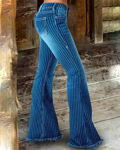 Mid-Rise Striped Flared Jeans