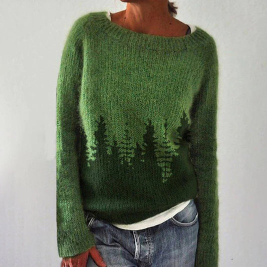 Crew Neck Colorblock Forest Loose Sweater