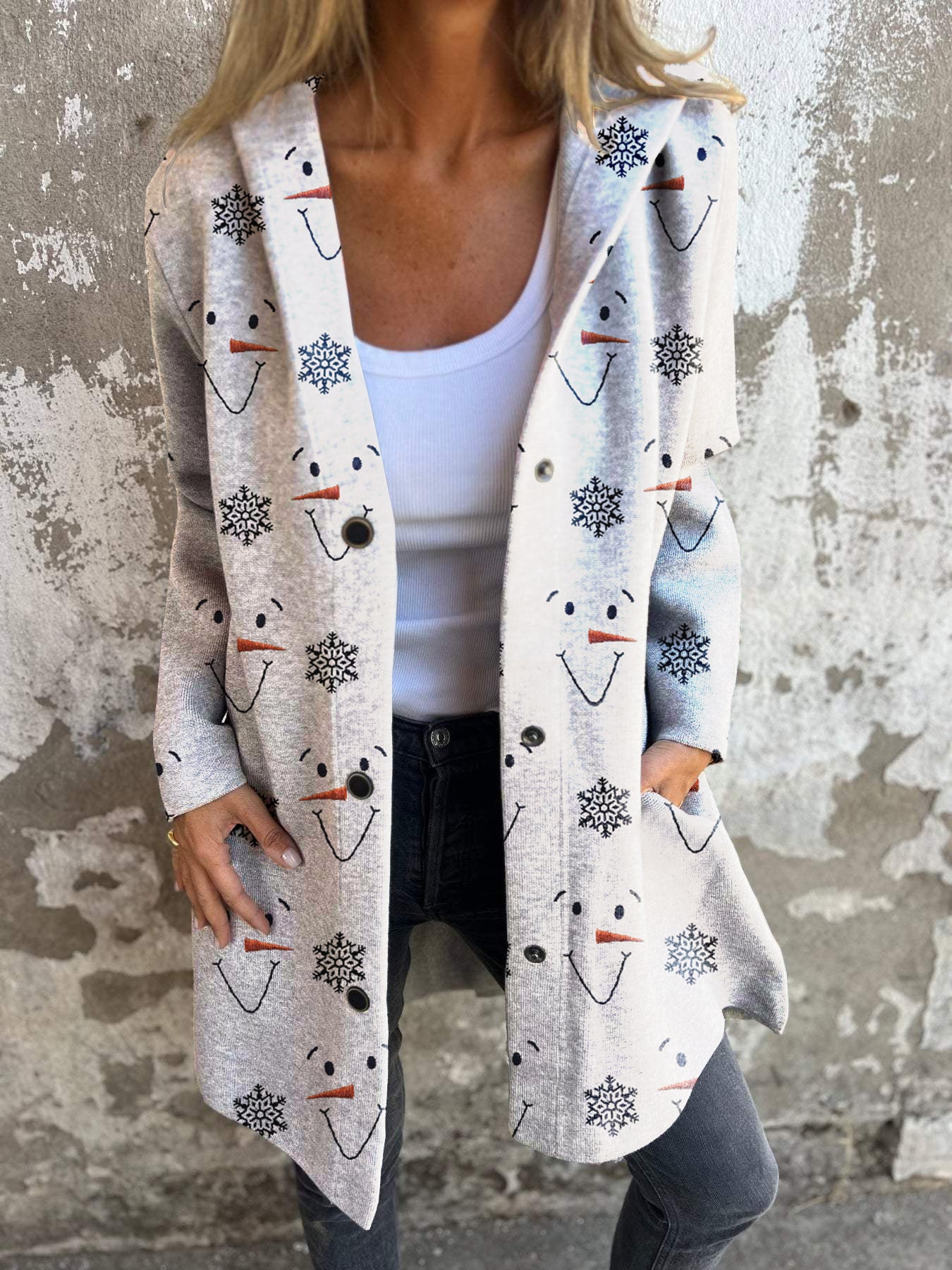 Christmas Smiling Snowman Print Button Hooded Jacket