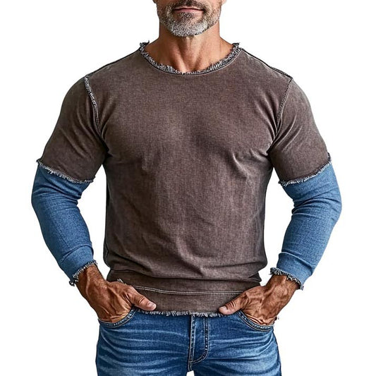 Men's Vintage Patchwork Denim Color Block Crew Neck Long Sleeve T-shirt