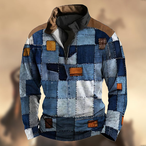 Men's Vintage Patchwork Print Zip-Up Stand Collar Sweatshirt