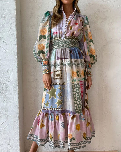 Printed and Painted Long-Sleeved Fashionable Casual Long Dress