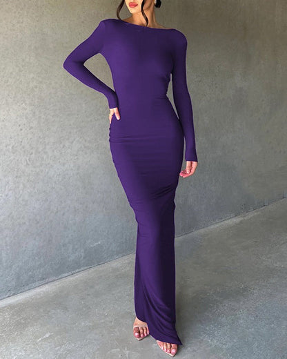 Reversible Pleated Long-Sleeved Backless Maxi Dress