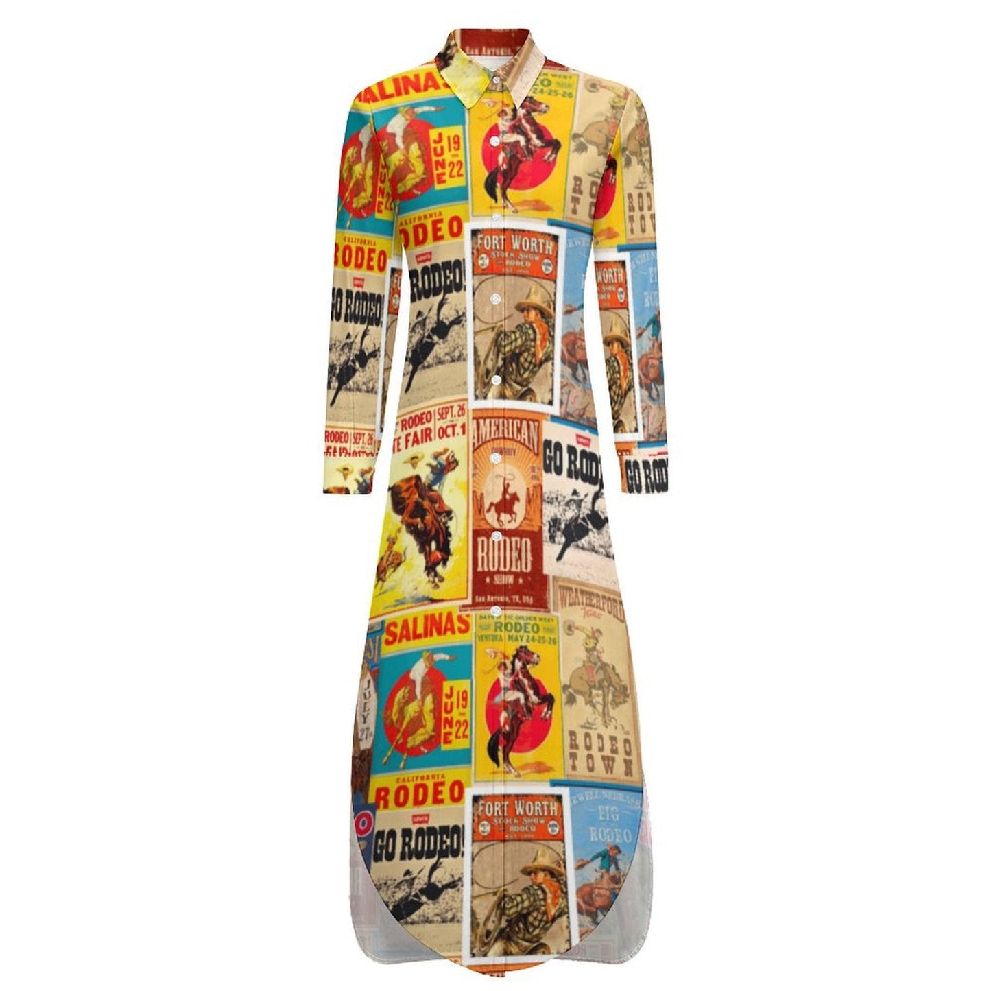 Vintage Rodeo Poster Button-Up Long Sleeve Shirt Duster Dress