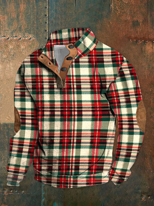 Men's Vintage Christmas Red Green Plaid Print Standing Collar Button Casual Sweatshirt