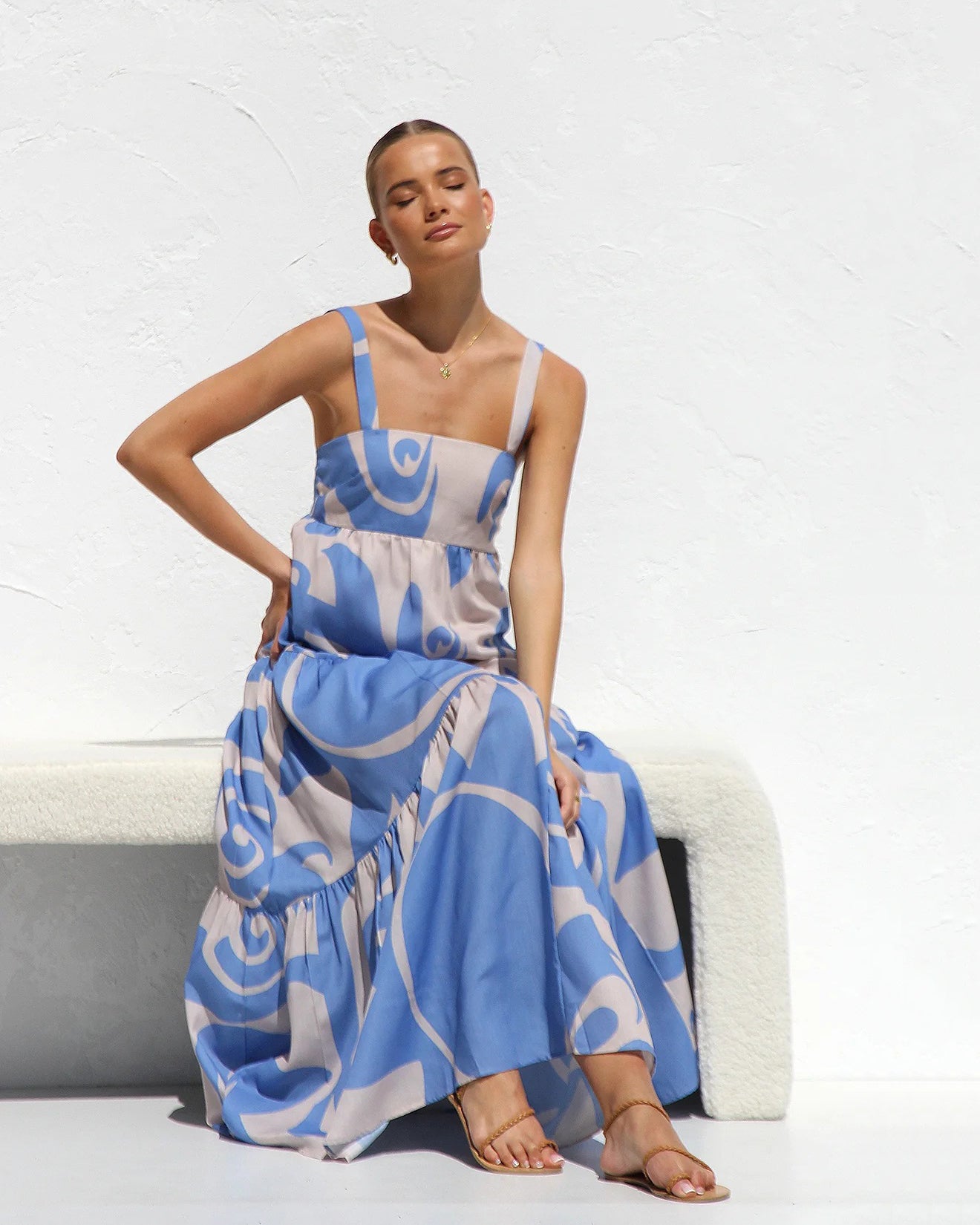 Simple Printed Suspender Maxi Dress with Large Skirt