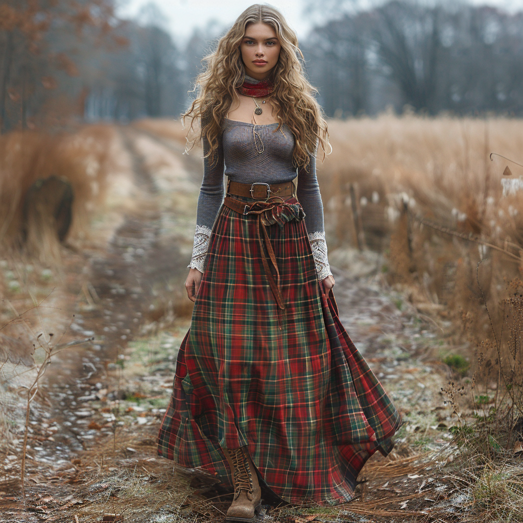 Women's Retro Plaid Long-sleeved Long Skirt Pastoral Style Dress