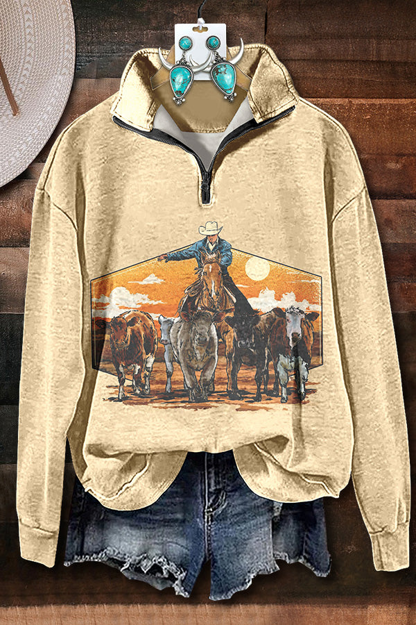 Cowboy Horse Print Zipper Sweatshirt