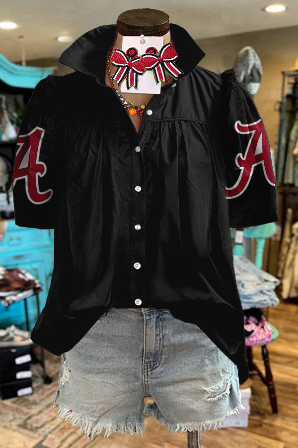 Black Red Alabama Football Gameday Print Puff Sleeve Blouse