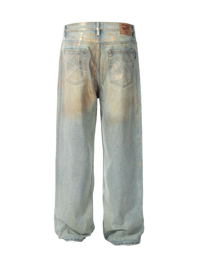 Brush Gold Straight-Leg Metal Baggy Jeans