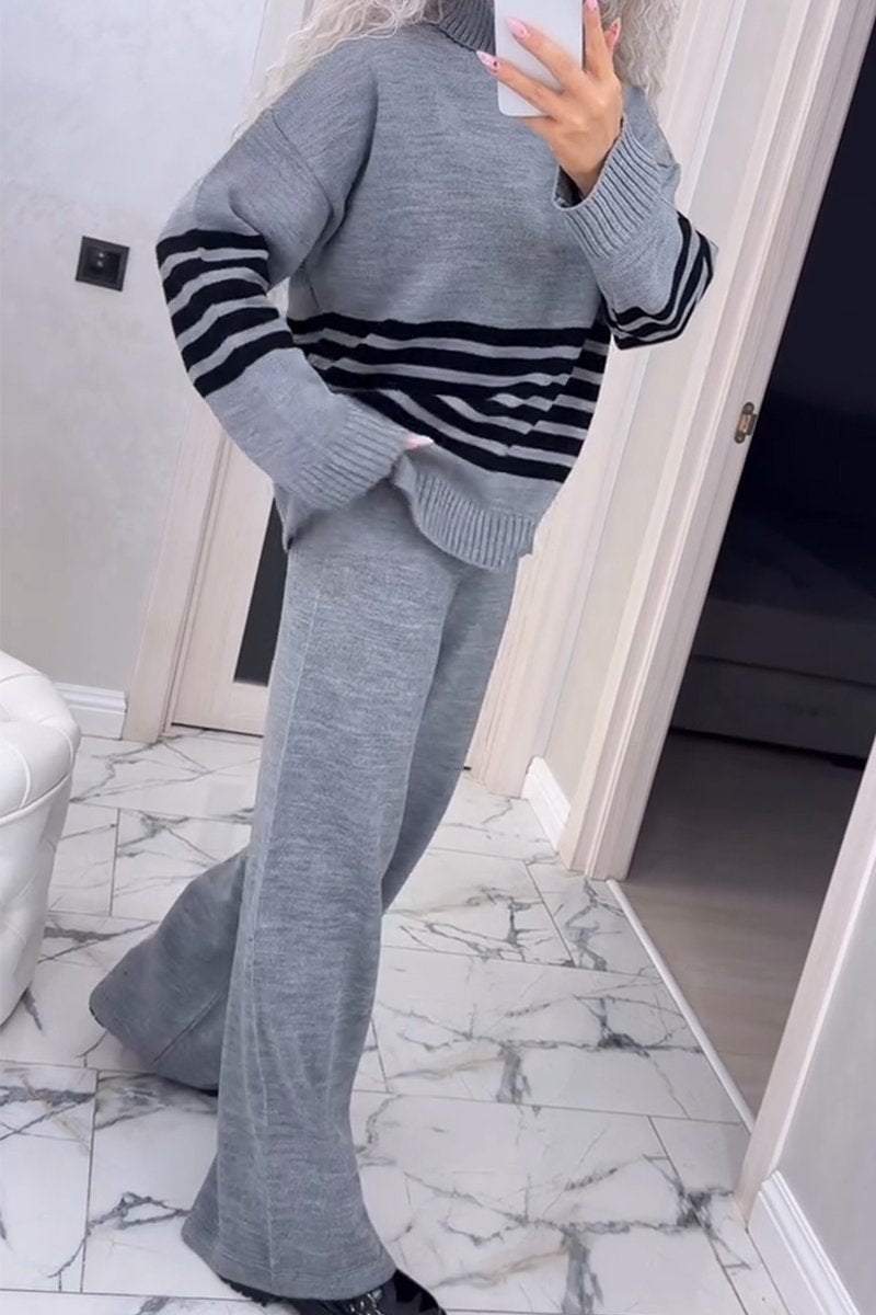 Women's Casual Knit Stripe Long Sleeve Two-Piece Set