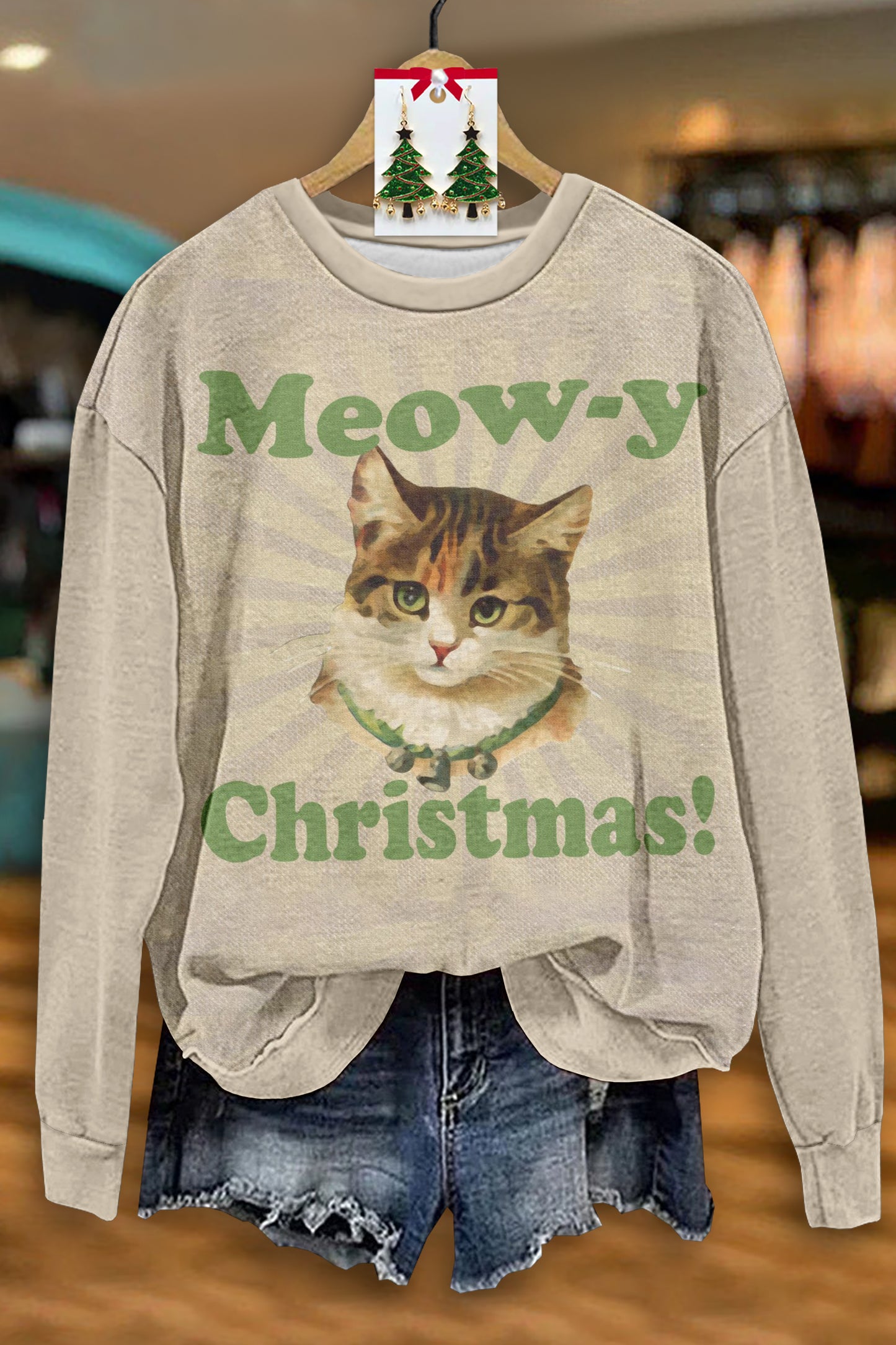 Cute Cat Christmas Print Long Sleeve Sweatshirt