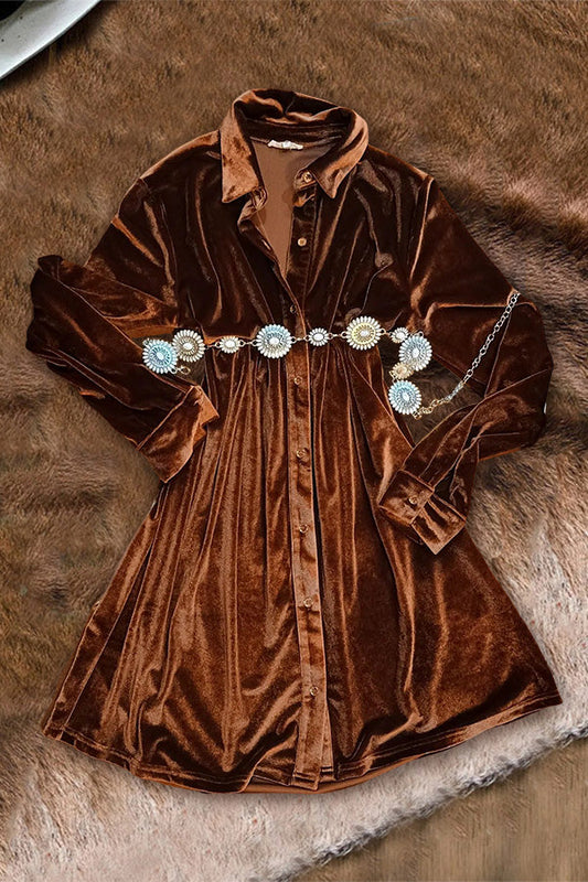 Vintage Shirt Collar Long Sleeve Velvet Dress