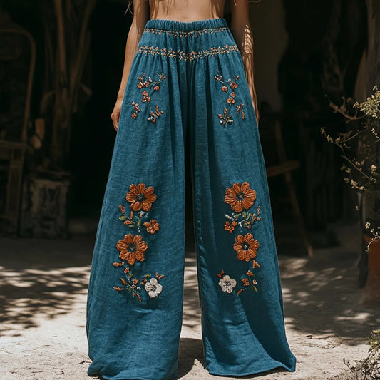 Women's Retro Linen Bohemian Ethnic Flowers Print Long Loose Wide-leg Trouser Pants