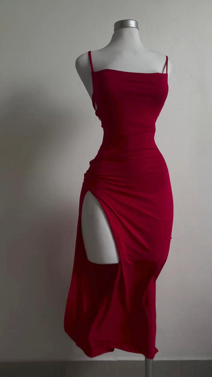 Red Sling Slit Satin Mini Dress