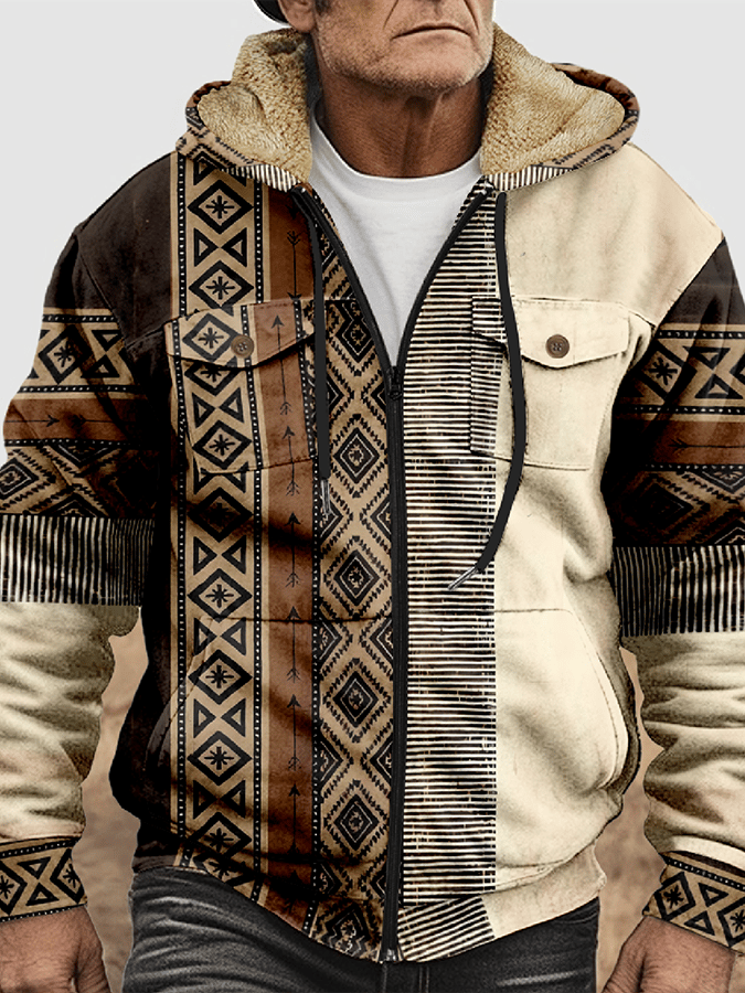 Men's Western Style Printed Hooded Fleece Jacket