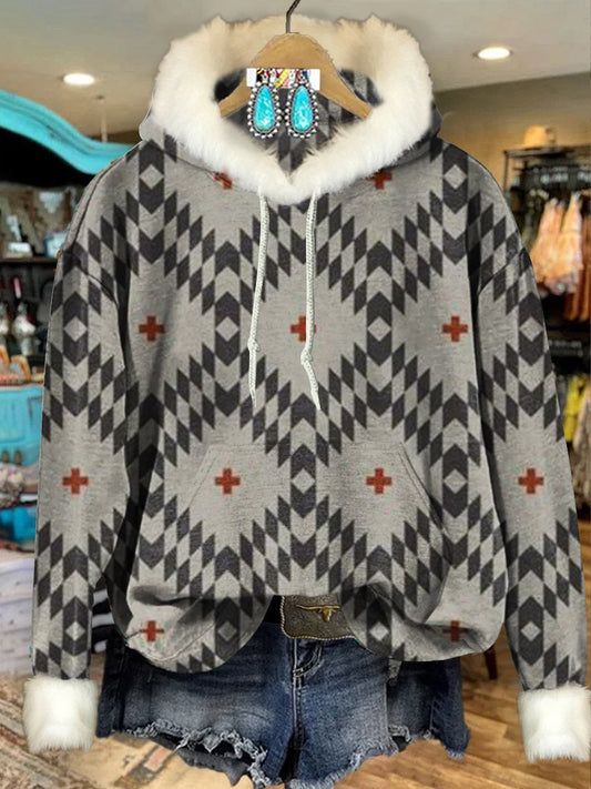 Grey Vintage Aztec Print Imitation Rabbit Fur Trim Casual Hoodie Sweatshirt