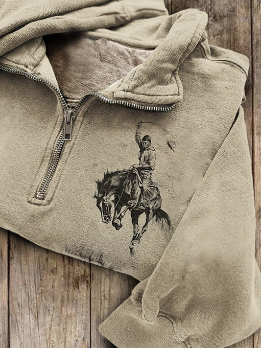 Vintage Western Cowboy Print Casual Long Sleeve Zip Sweatshirt