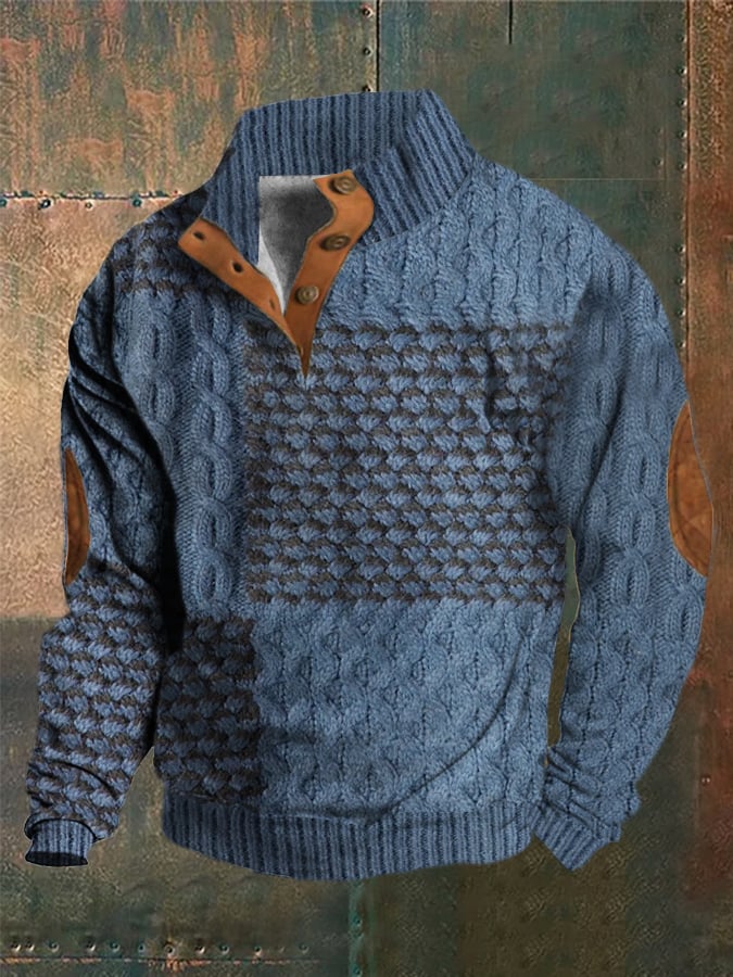 Men's Western Vintage Knitted Patchwork Printed Stand Collar Button Sweatshirt